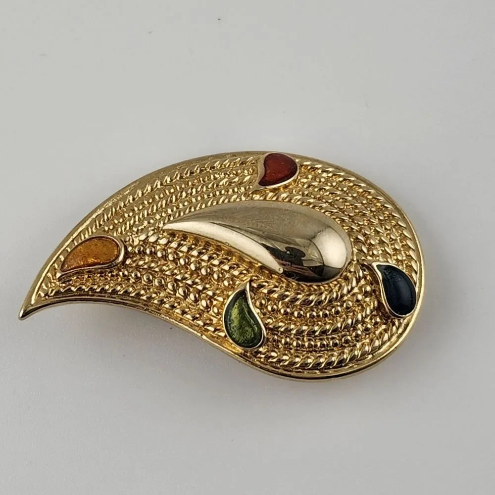 AVON 1980's Gold Tone Paisley‎ Vintage Pin Brooch Multicolor Stone Accents